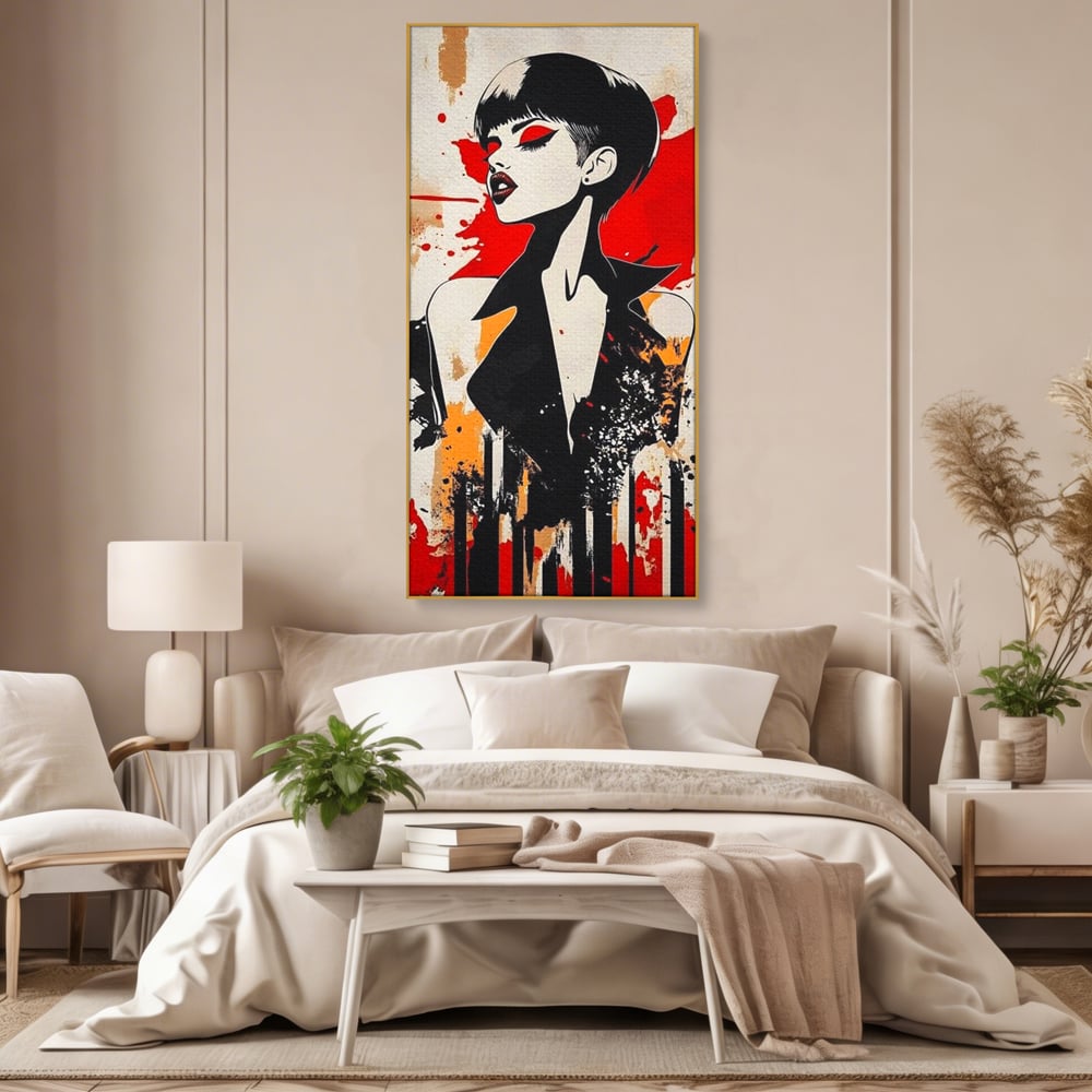 Tablou canvas cu tablou canvas cu portret de femeie stilizat, in rama de aluminiu auriu, pe perete intr-un dormitor